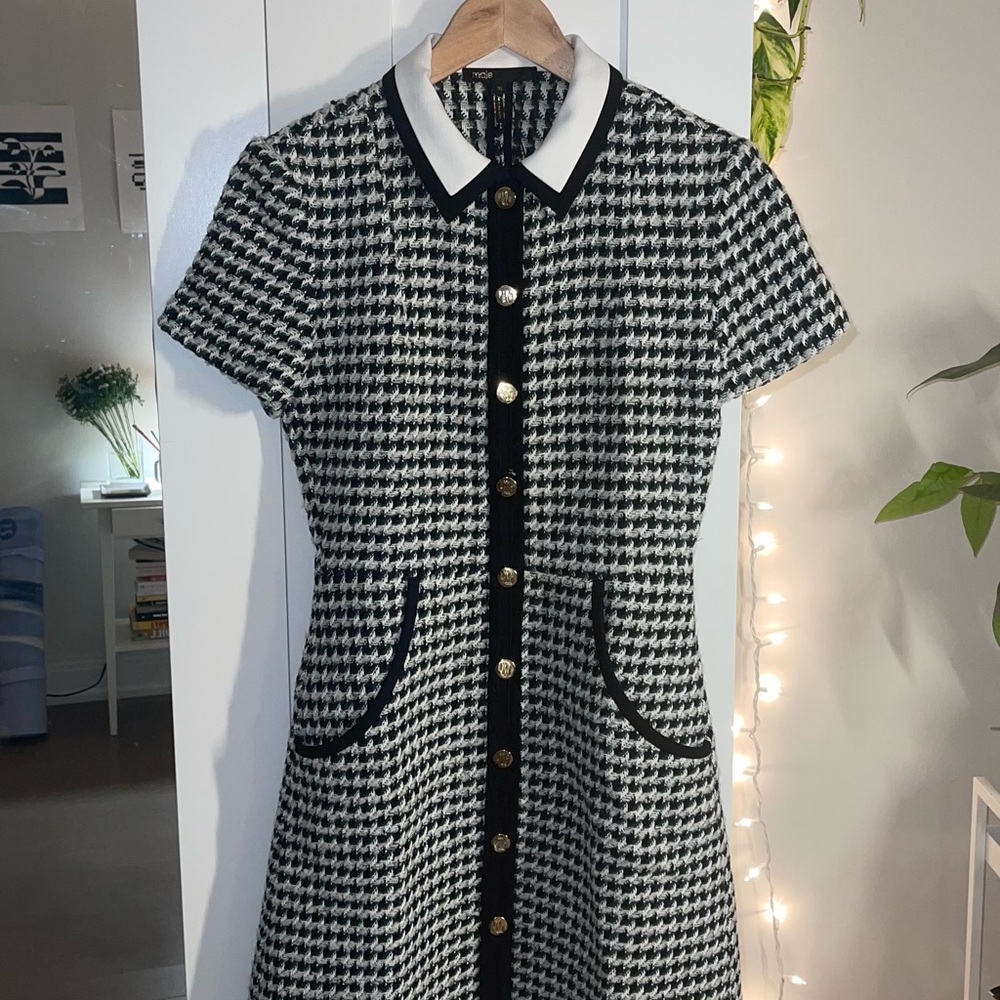 MAJE PARIS NEW contrast tweed mini knit dress in ecru/green